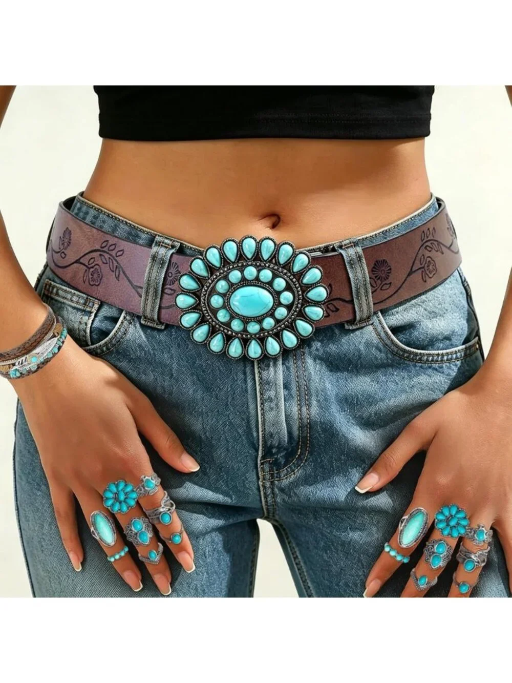19 Pcs Boho Turquoise Jewelry Set, Leather Belt, Dangle Earrings, Stackable
